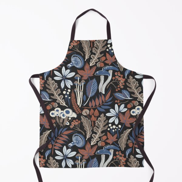 Item preview, Autumn delights // black mountain background brown blue and beige fall leaves acorns cordiceps blue pink gill and oysters mushrooms and berries designed and sold by SelmaCardoso.