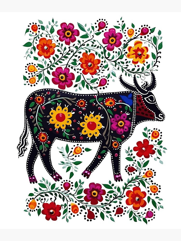 Polish Folk Art Design Cute Cow With Flowers Poster for Sale by PiggyBoxer