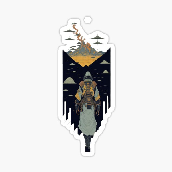 A future Samurai walking towards to a volcanic mountain, New modern Ukiyoe-style Japanese Art Sticker
