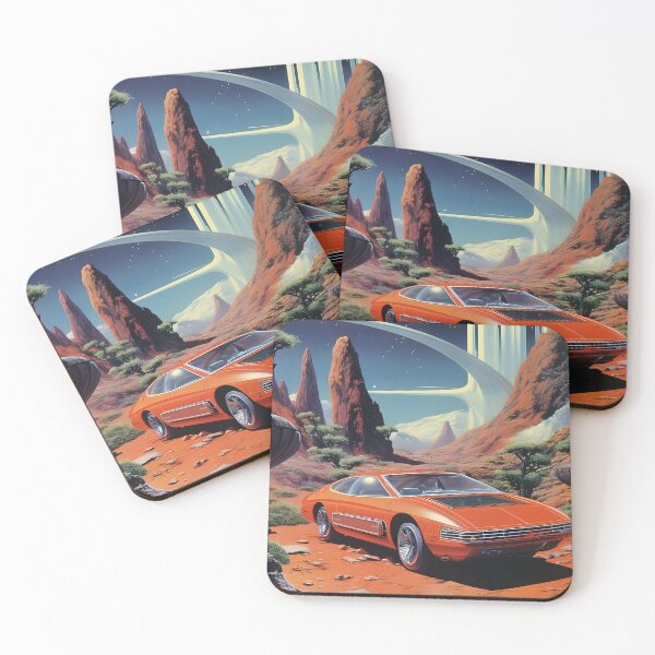 Item preview, Red Color Retro Futuristic Sports Car and an Extraterrestrial Desert Landscape at Night with Starry Sky designed and sold by Je-we.