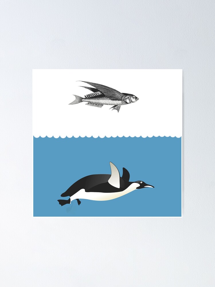 Flying Fish Swimming Penguin Poster for Sale by Serenade Rock