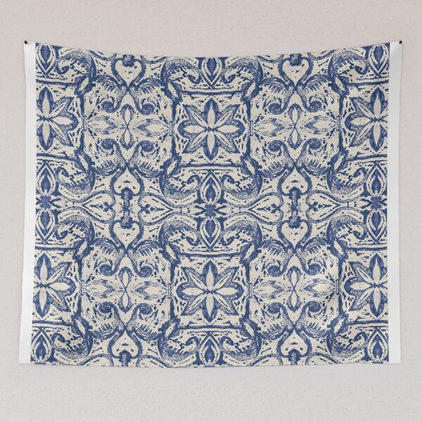 Aperçu de l'œuvre Carrelage vintage floral bleu indigo créée et vendue par Alessandro Remo Mazzoni Remotextiles.