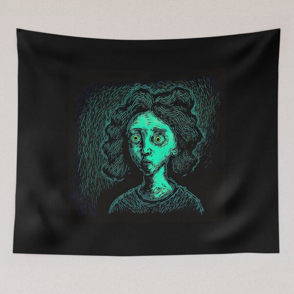 Item preview, Spooky Black and Green Cartoon Girl Face With Big Yellow Eyes designed and sold by witch-night.