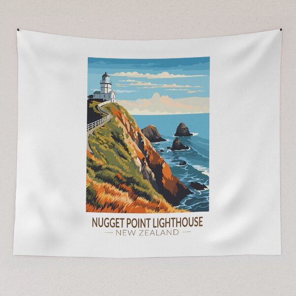 Item preview, Nugget Point Lighthouse New Zealand Travel Art Vintage designed and sold by KrisSidDesigns.