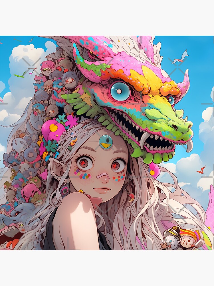 Cute Wacky Anime Girl with Colorful Dragon | Sticker