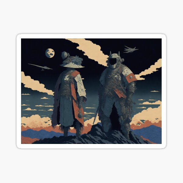 2 travelers on a hill, New Japanese Modern Ukiyo-e style Art Sticker