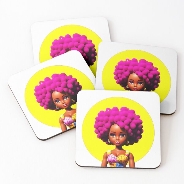 Item preview, Dark-skinned Doll with Purple Afro Curls in African Print Dress Yellow Halo designed and sold by gyrate.