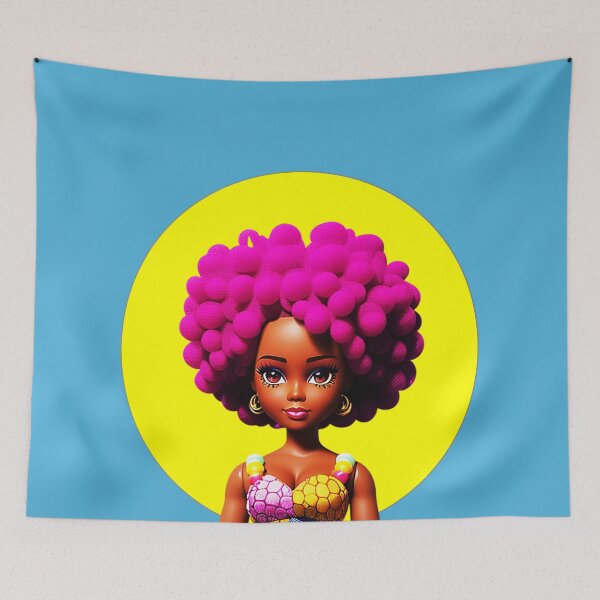 Item preview, Dark-skinned Doll with Purple Afro Curls in African Print Dress Yellow Halo designed and sold by gyrate.