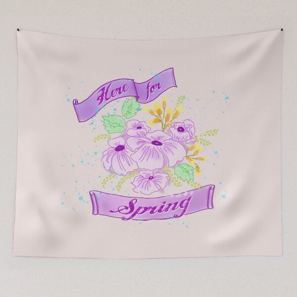 Item preview, A bunch of wild flowers with purple banner "Here for Spring" designed and sold by WitchDesign.