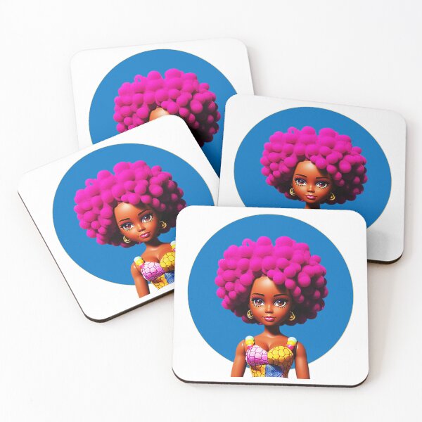 Item preview, Dark-skinned Doll with Purple Afro Curls in African Print Dress Blue Halo designed and sold by gyrate.