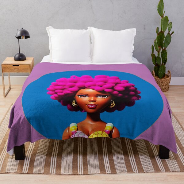 Item preview, Dark-skinned Doll with Purple Afro Curls in African Print Dress Blue Halo designed and sold by gyrate.