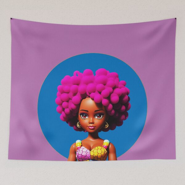 Item preview, Dark-skinned Doll with Purple Afro Curls in African Print Dress Blue Halo designed and sold by gyrate.