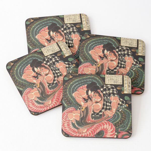 Item preview, Samurai Wrestling With Python - Vintage Japanese Ukiyo-e Woodblock designed and sold by VintageSpaceArt.
