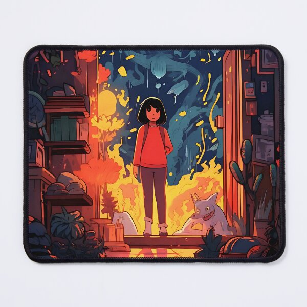 Item preview, Blazing reflection: woman in front of a fiery window designed and sold by ArrangedDesigns.