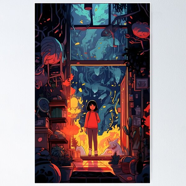 Item preview, Blazing reflection: woman in front of a fiery window designed and sold by ArrangedDesigns.