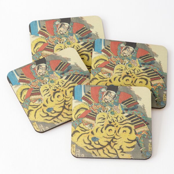 Item preview, Samurai Warrior Fighting With Tiger - Vintage Japanese Woodblock designed and sold by VintageSpaceArt.