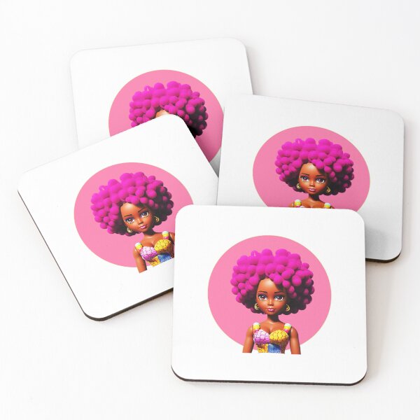 Item preview, Dark-skinned Doll with Purple Afro Curls in African Print Dress Pink Halo designed and sold by gyrate.