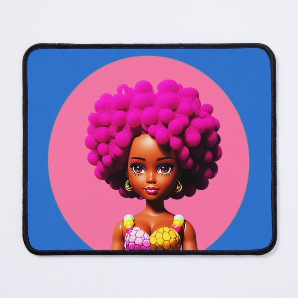 Item preview, Dark-skinned Doll with Purple Afro Curls in African Print Dress Pink Halo designed and sold by gyrate.