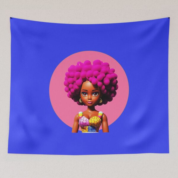 Item preview, Dark-skinned Doll with Purple Afro Curls in African Print Dress Pink Halo designed and sold by gyrate.