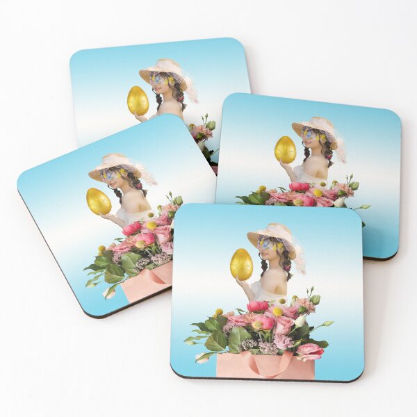 Item preview, Retail Therapy Collage Art Print: Girl in Spring Hat with Golden Egg and Flower-Filled Shopping Bag designed and sold by GollyWillikers.