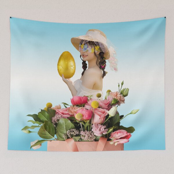 Item preview, Retail Therapy Collage Art Print: Girl in Spring Hat with Golden Egg and Flower-Filled Shopping Bag designed and sold by GollyWillikers.