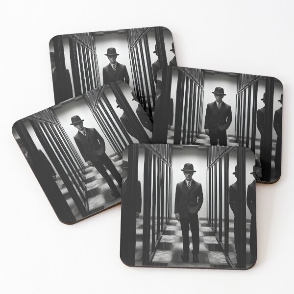 Item preview, Vintage black and white photograph of a man in a hallway in the style of mirror rooms creating a noir atmosphere designed and sold by AI-Only Creations.