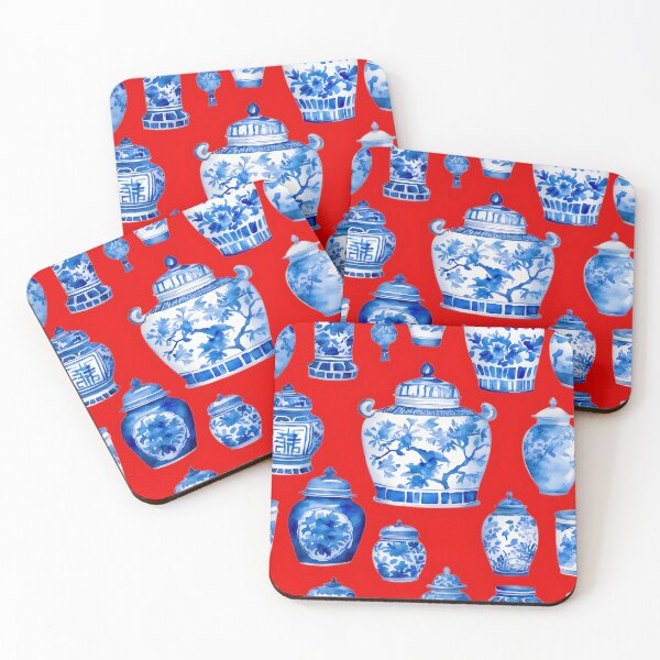 Item preview, Blue and white chinoiserie jars on red designed and sold by SophieClimaArt.