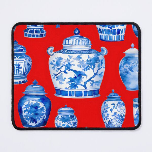Item preview, Blue and white chinoiserie jars on red designed and sold by SophieClimaArt.