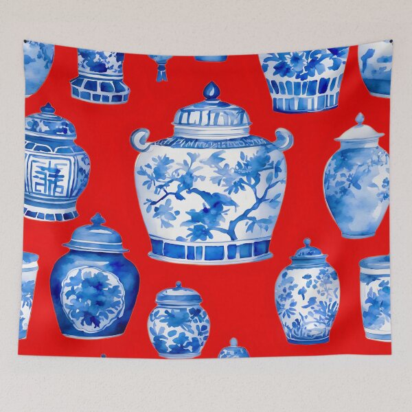 Item preview, Blue and white chinoiserie jars on red designed and sold by SophieClimaArt.