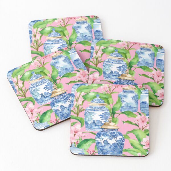 Item preview, Chinoiserie jars and banana leaves on pink designed and sold by SophieClimaArt.
