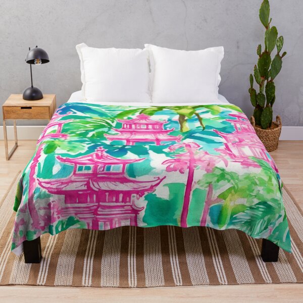 Item preview, Preppy pink and green pagoda garden watercolor designed and sold by SophieClimaArt.