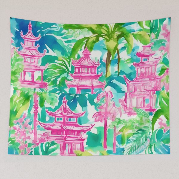 Artikelvorschau, Adrettes rosa und grünes Pagodengarten-Aquarell entworfen und verkauft von SophieClimaArt.