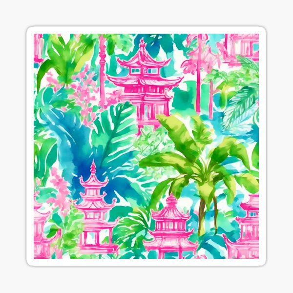 Item preview, Preppy pink and green pagoda garden watercolor designed and sold by SophieClimaArt.