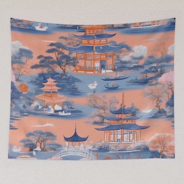 Artikelvorschau, Orangefarbenes und blaues Chinoiserie-Muster entworfen und verkauft von SophieClimaArt.