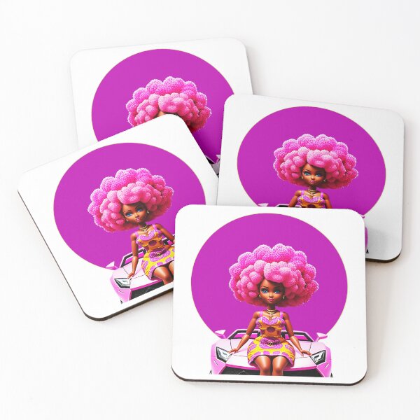 Item preview, Black Doll with Afro Curls in African Print Dress on Pink Lamborghini by Purple Halo designed and sold by gyrate.