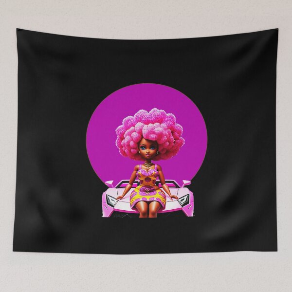 Item preview, Black Doll with Afro Curls in African Print Dress on Pink Lamborghini by Purple Halo designed and sold by gyrate.