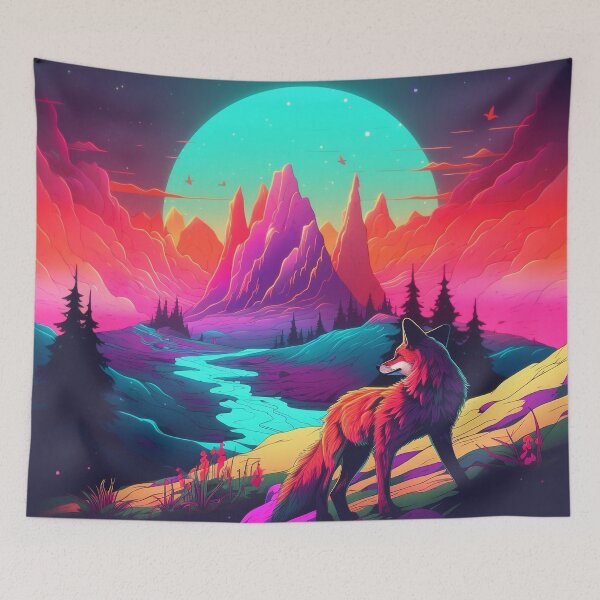 Item preview, Fox Synthwave Mountain Landscape || Neon Nature designed and sold by UmuuStudio.