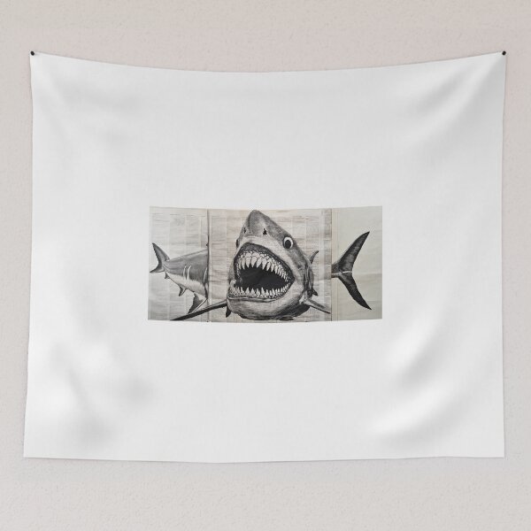 Item preview, Great White Shark - ink drawing on old newspaper designed and sold by Totalthrive.