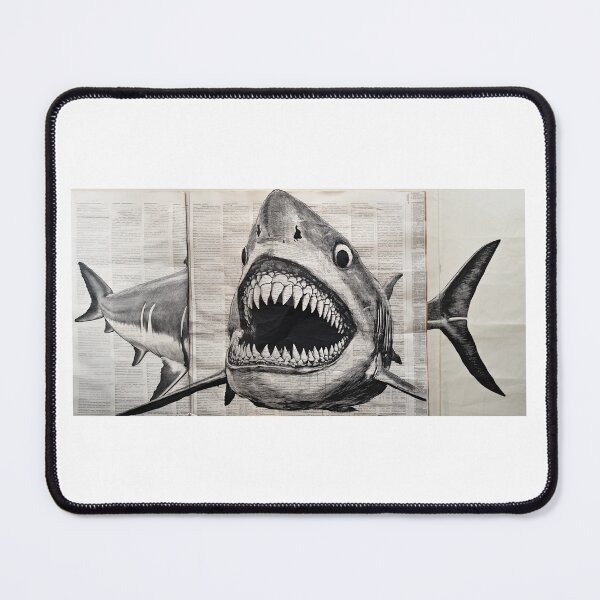 Item preview, Great White Shark - ink drawing on old newspaper designed and sold by Totalthrive.