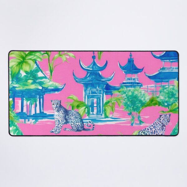 Item preview, Blue preppy cheetahs, pagodas and banana leaves on pink designed and sold by SophieClimaArt.