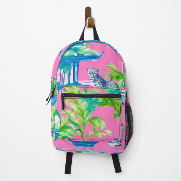 Item preview, Blue preppy cheetahs, pagodas and banana leaves on pink designed and sold by SophieClimaArt.