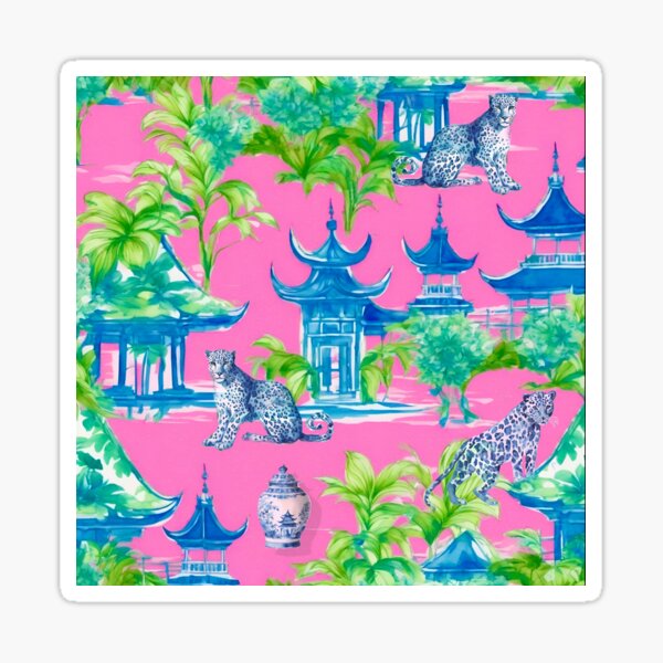 Item preview, Blue preppy cheetahs, pagodas and banana leaves on pink designed and sold by SophieClimaArt.