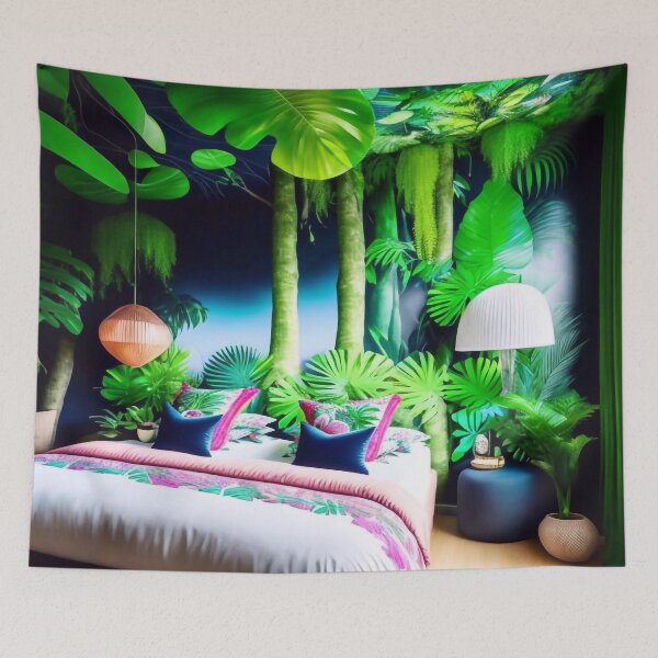 Item preview, A beautiful bright bedroom, vibrant green jungle and river flowing designed and sold by M-Y-A-R-T-.