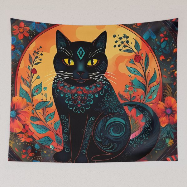 Item preview, Black cat decorated sitting in circular frame and flowers designed and sold by VeronicArt85.