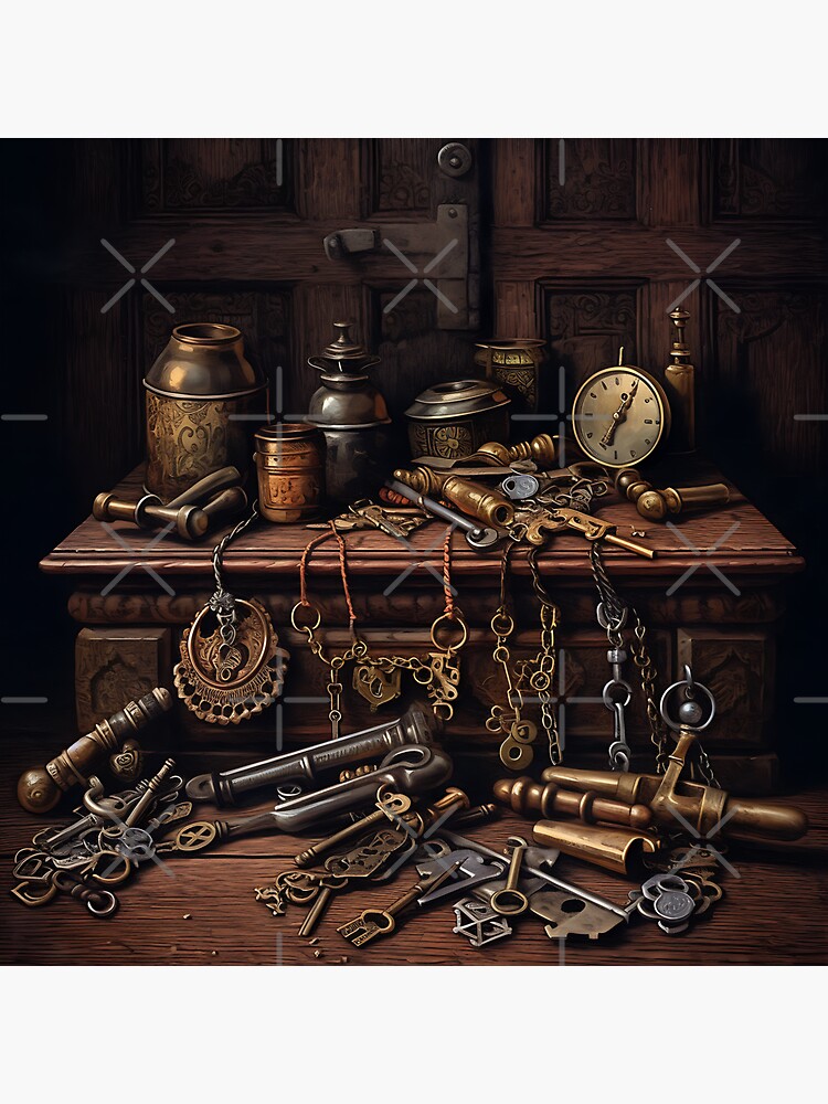Dark Academia Aesthetic - Antique keys and locks on a dark wooden table  Magnet for Sale by universepod