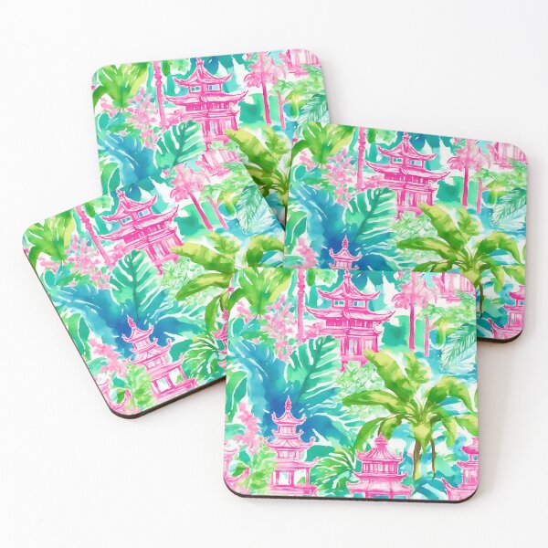Item preview, Preppy pink and green pagoda garden watercolor designed and sold by SophieClimaArt.