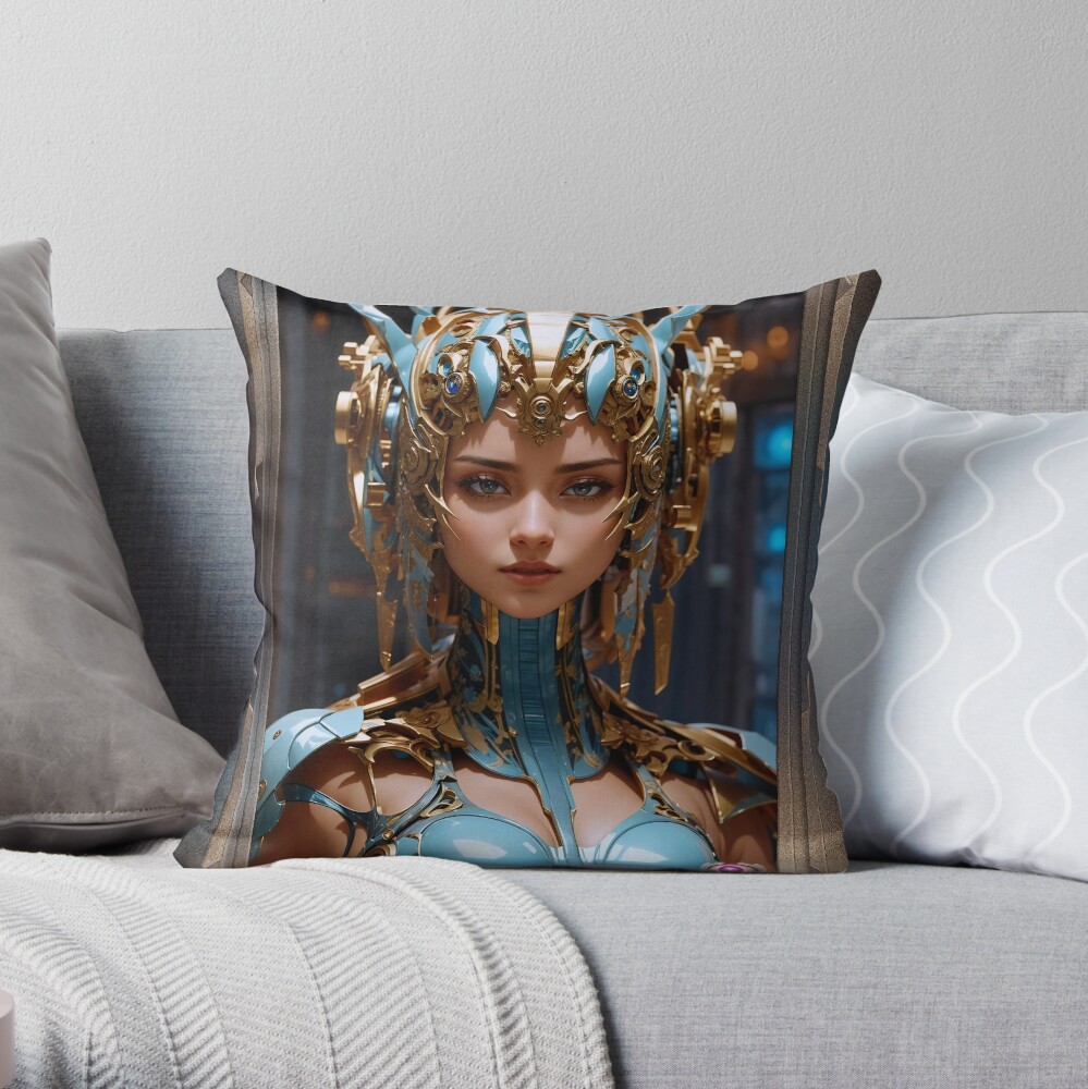 The Tymethian Princess Esthaesia AI Concept Art by Xzendor7 - Ceremonial Royal Dragon Battle Attire 3 The Tymethian Princess Esthaesia, Alluring Fantasy AI Concept Art Portrait by Xzendor7 Decorative Throw Pillow