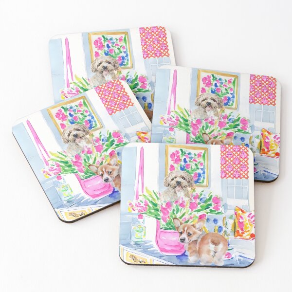 Item preview, Dogs and bunch of tulips in preppy interior designed and sold by SophieClimaArt.