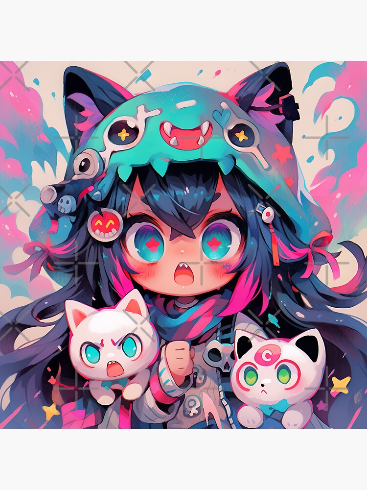 Cute Chibi Anime Cat Girl With Cats Sticker for Sale by