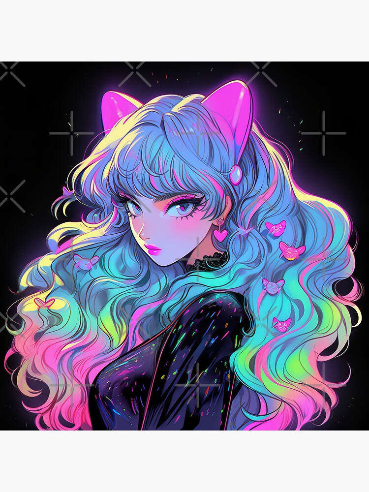 Beautiful Bright Neon Curly Hair Starry Anime Girl | Sticker